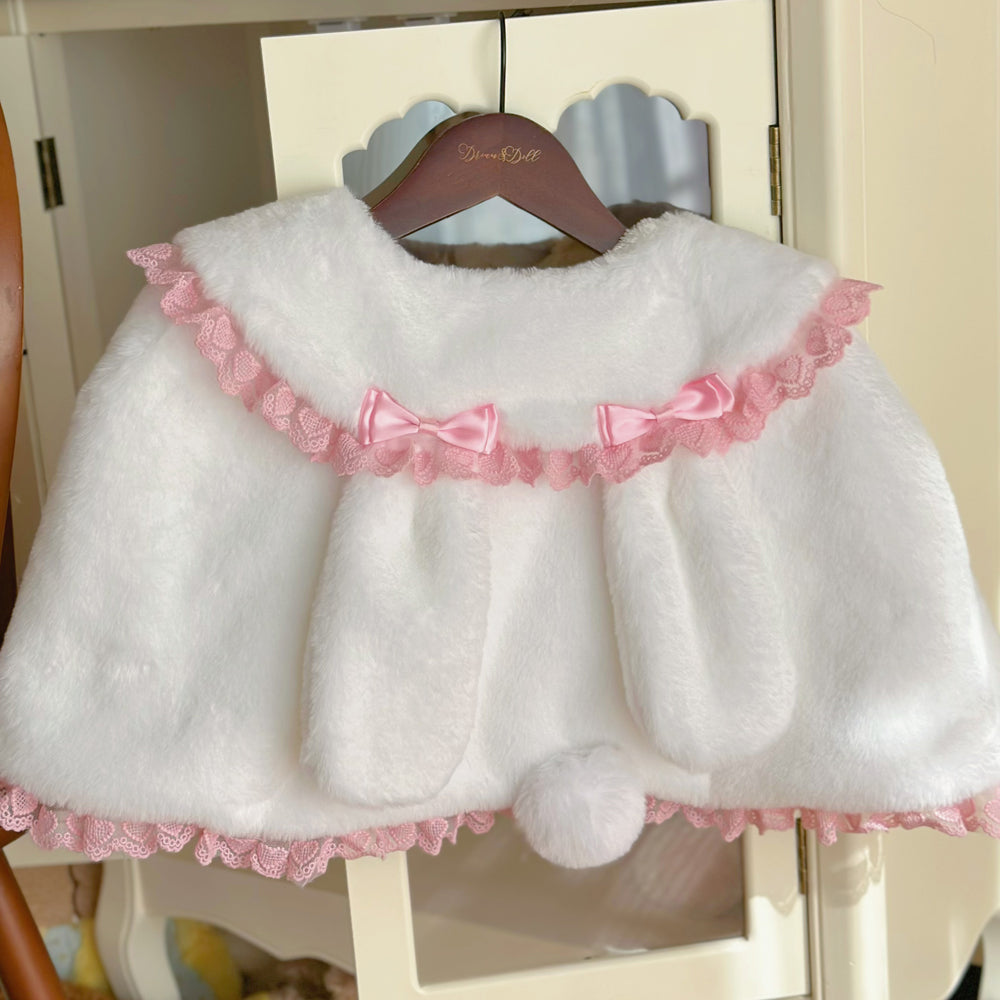 Lolita Cute Little Rabbit Ears Pink & White Winter Cape