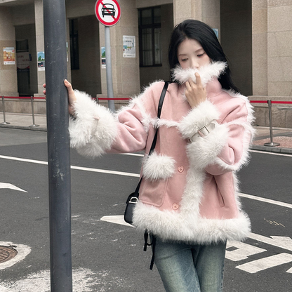 Imitation Faux Fur Velvet Collar Retro Winter Pink Brown Coat