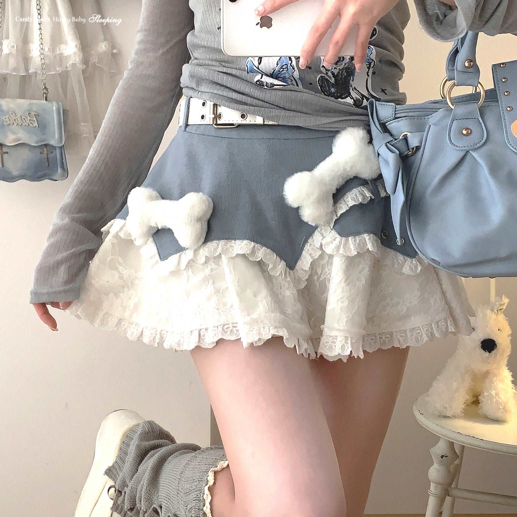 Dormir Doll Y2K Plush Bone Blue & Gray Lace Ruffled Mini Skirt