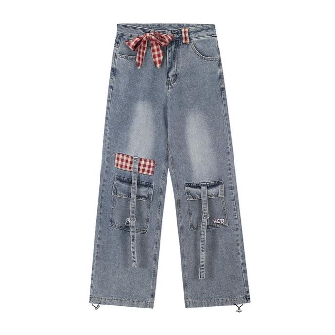 Crazy Girl Country Girl Red Plaid Blue Denim Baggy Pants