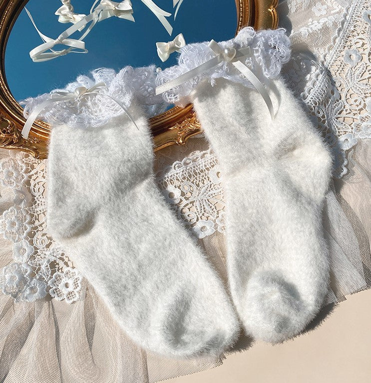 Winter Elegant Warm Wool Lace Plush Lolita White Black Fuzzy Socks