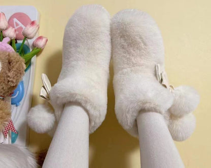 Pocket Cat Chubby White Plush Pompom Balls Lolita Snow Boots Shoes