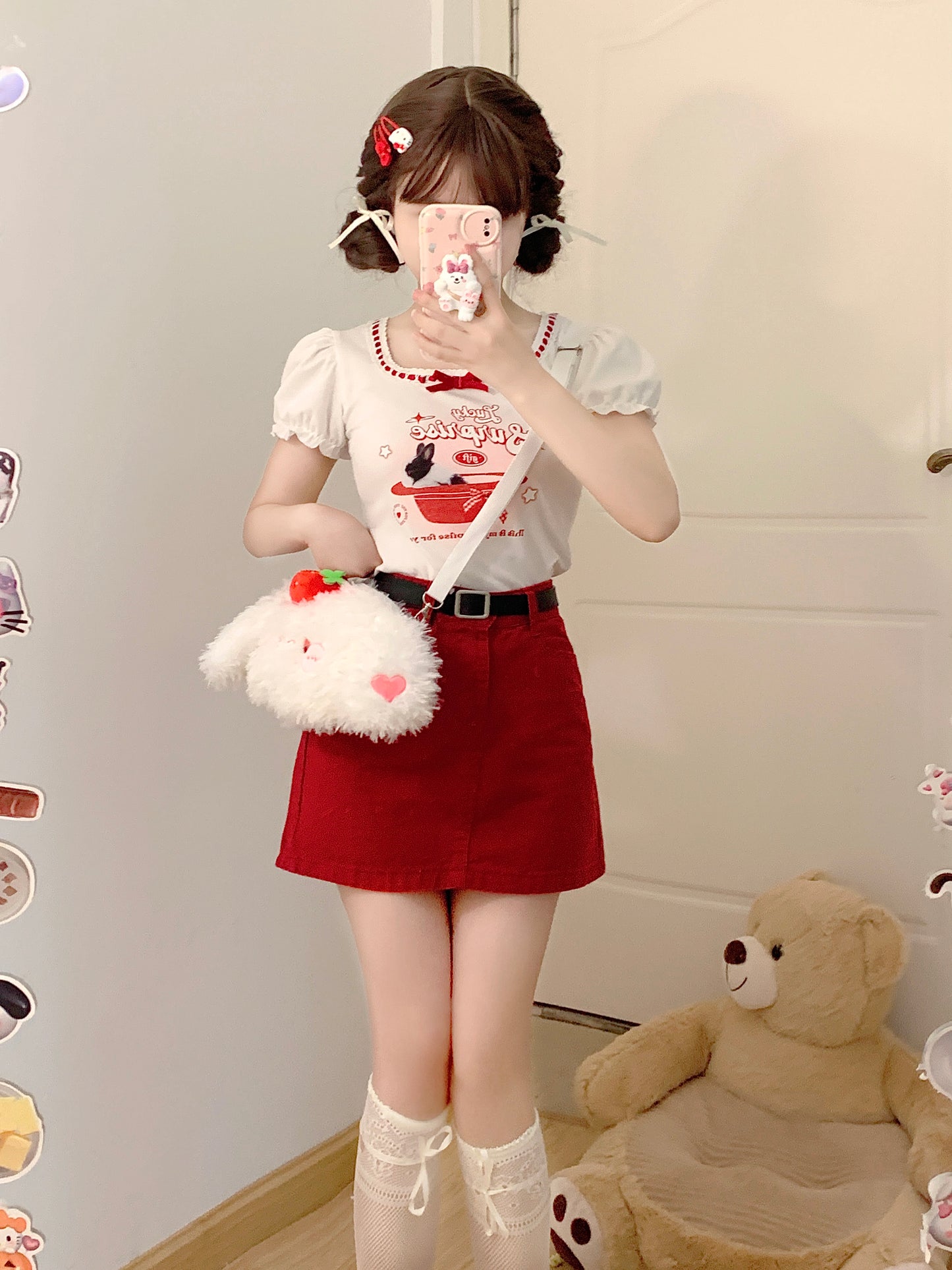 Serendipity Summer Lucky Rabbit Puff Sleeve Shirt & Red Mini Skirt Two Piece Set