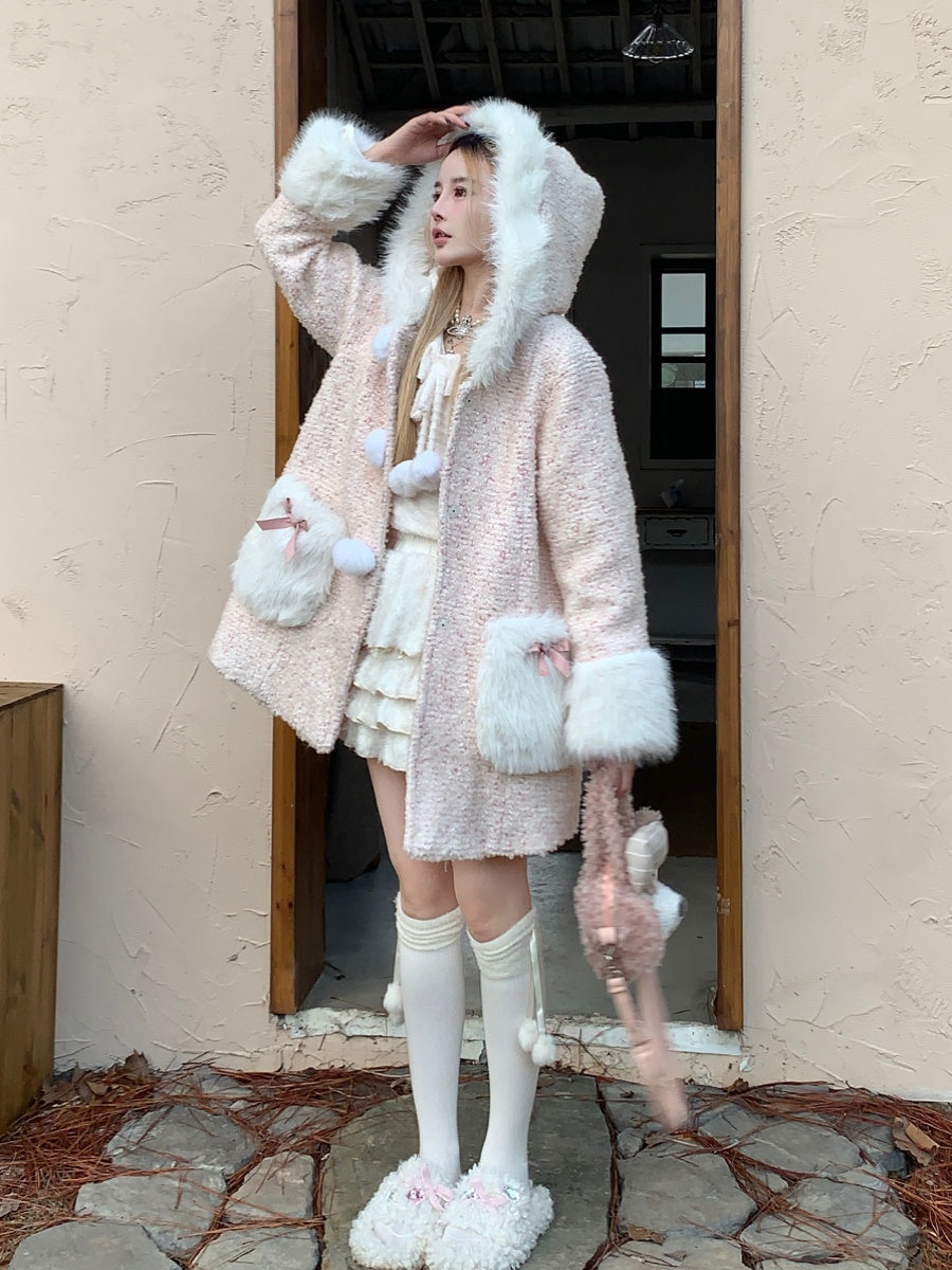 Picnic Girl Winter Sweet Bow Pink White Hooded Wool Fur Coat