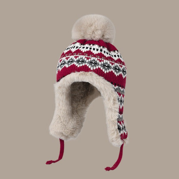 Cute Patterns Sweet Woolen Knit Plush Velvet Thick Warm Winter Trapper Hat