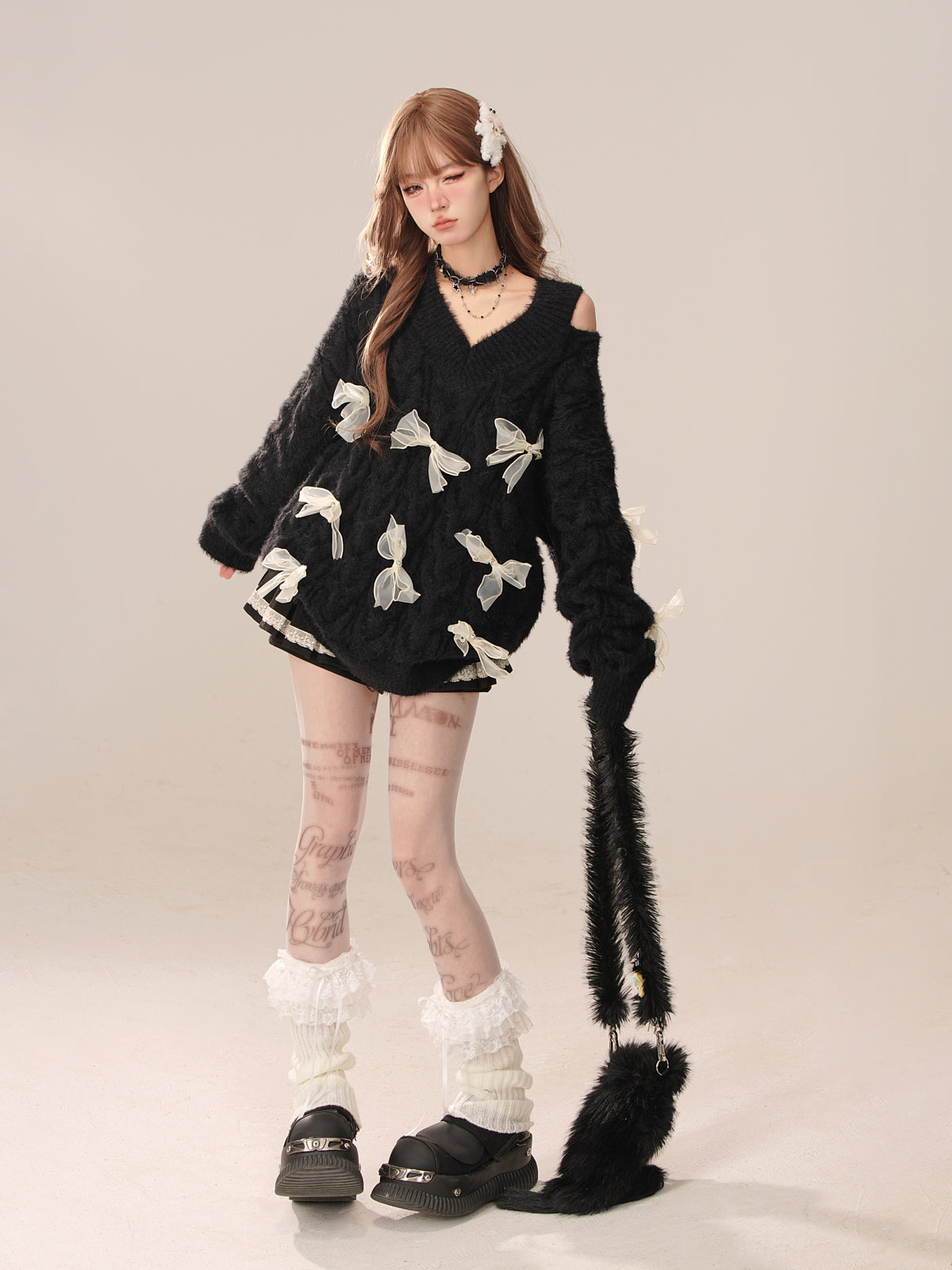 Young Eyes Coquette Bow Fuzzy Knit Red Black Blue V Neck Sweater