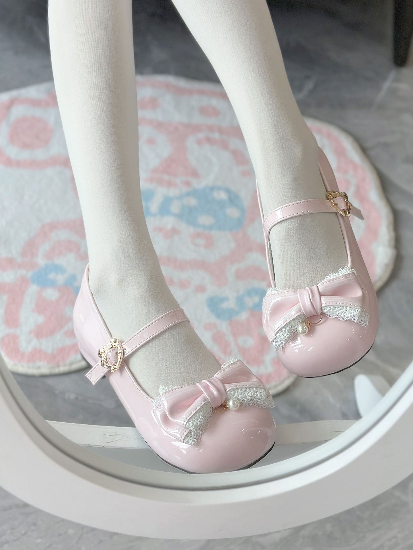 Love Letter Little Pearl Lolita Black White Pink Blue Brown Low Heels Shoes