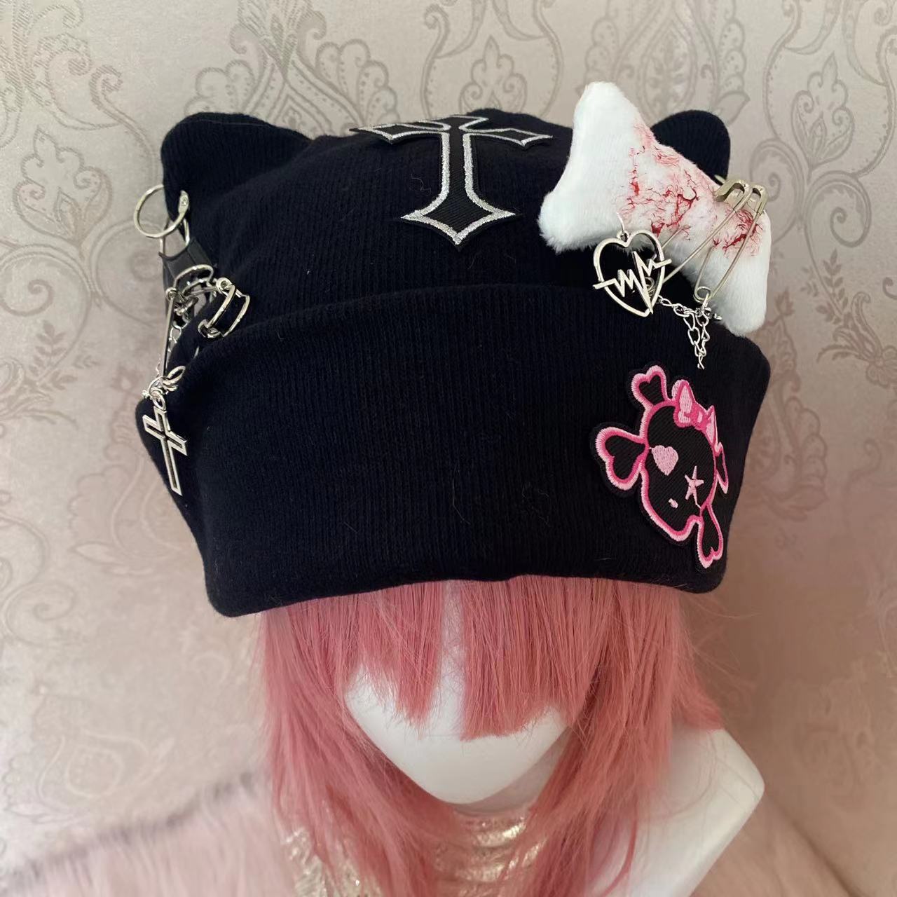 Y2K Goth Punk Handmade Knit Cross Skull Star Bone Cat Ears Winter Hats Beanie