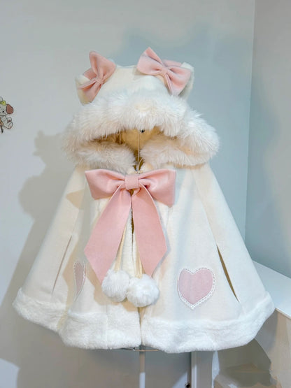 Lolita Kitten Calls Car Ears & Rabbit Ears White Pink Jacket Cape Cloak