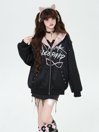 Crazy Girl Black Pink Leopard Reversible Jacket Hoodie