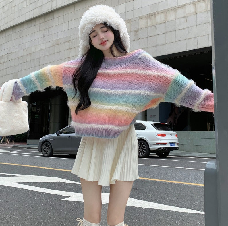 Rainbow Colorful Autumn Round Neck Fuzzy Sweater