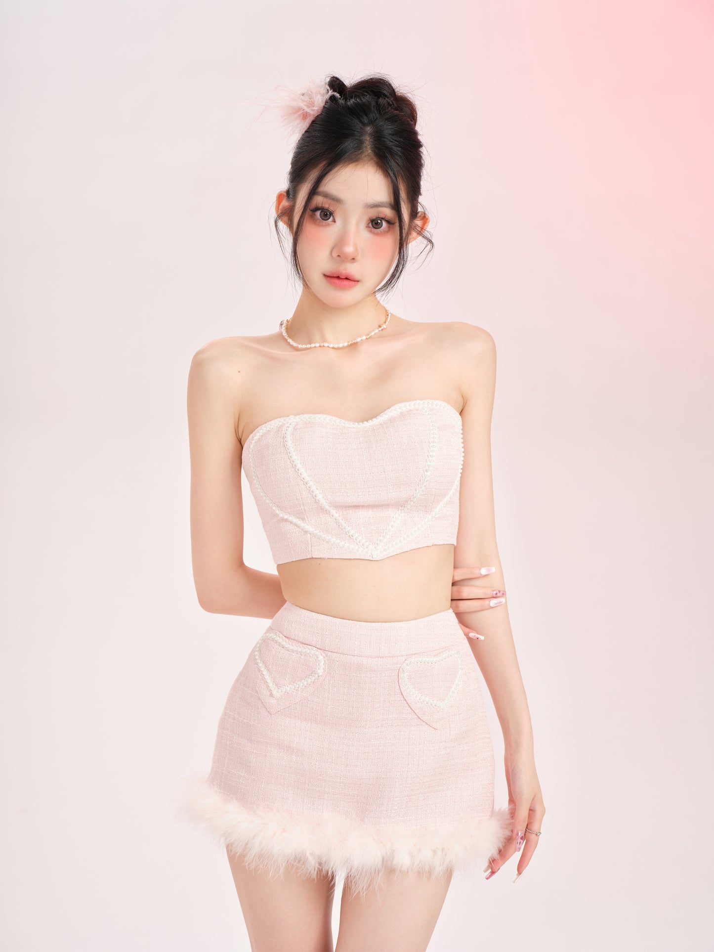 Lucia Lady Pearl Soft Pastel Pink Tube Top & Mini Skirt & Jacket Three Piece Set