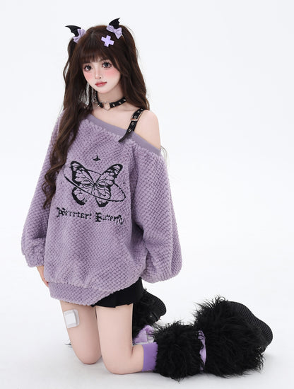 Crazy Girl Winter Letter Butterfly Pink White Purple Black Sweater