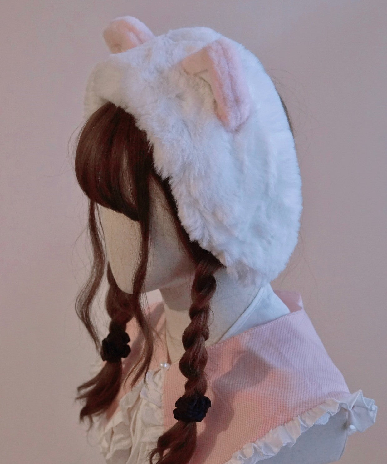 Cute Autumn Fall Handmade Lolita Cat Ears Pink White Imitation Faux Fur Hats