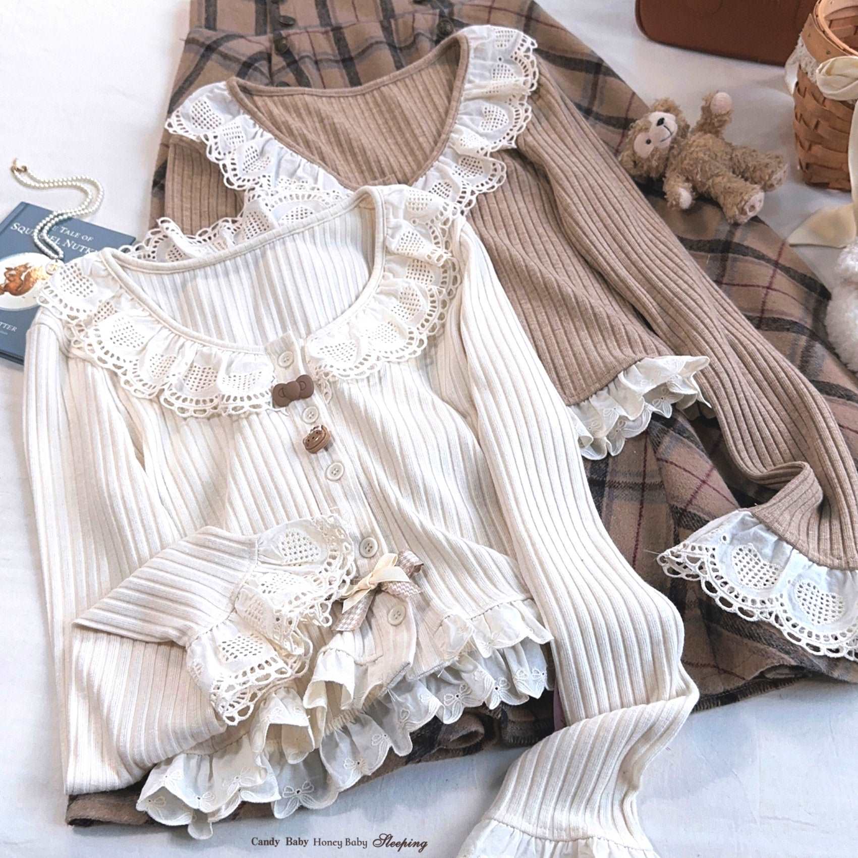 Dormir Doll Caramel Kitty Bow Cute Ruffled Lace Collar Long Sleeve Beige Brown Shirt Top