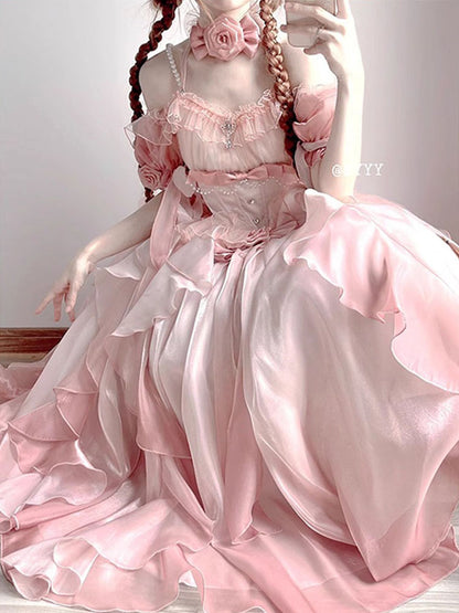 Rose Pearl Decorated Princess Ruffled Bow Layered Elegant Wedding Prom Evening Dress