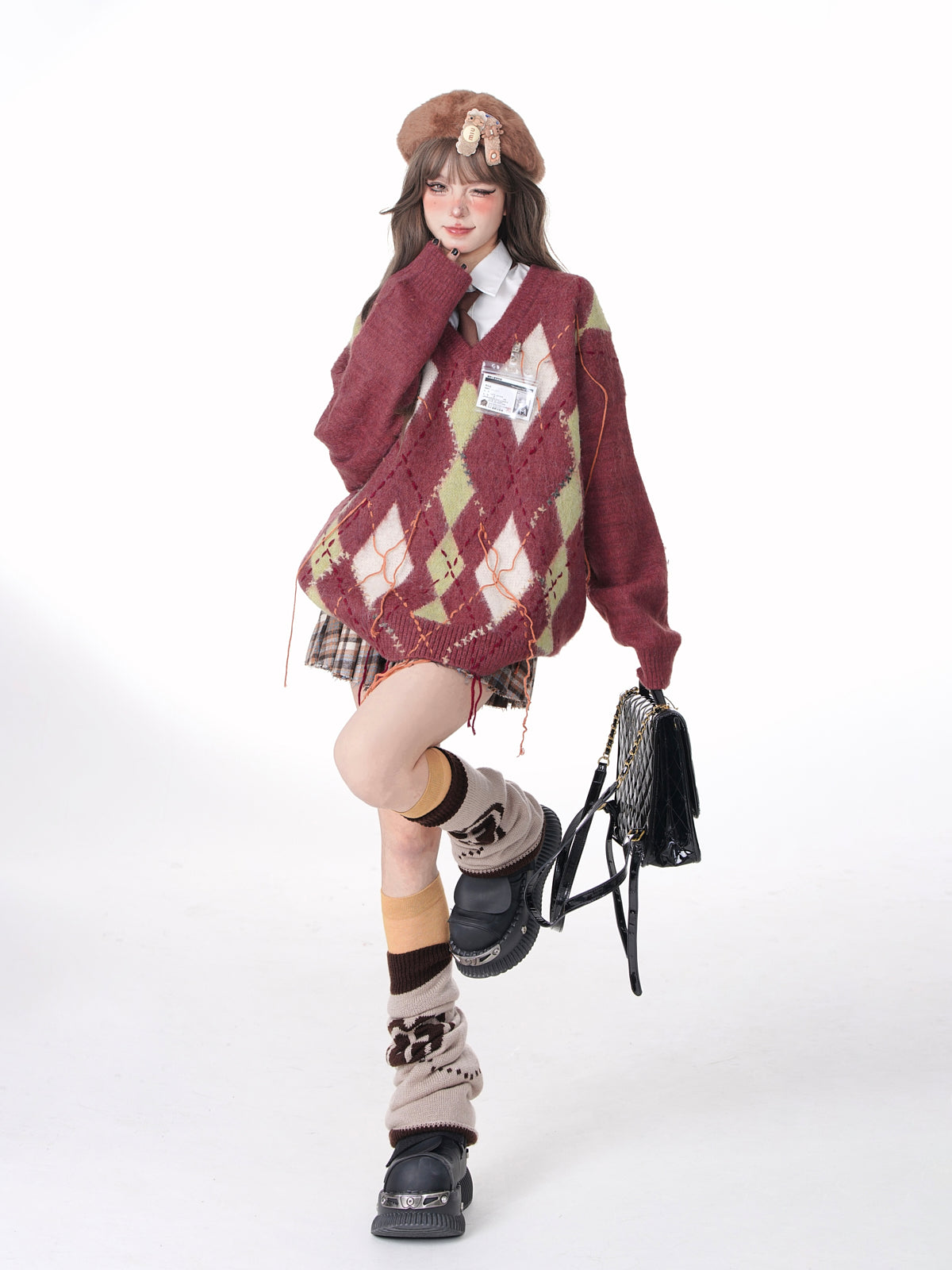 Young Eyes Autumn Winter Argyle Pink Brown Fuzzy Sweater