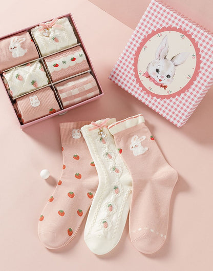 Pink Strawberry Rabbit Cute Cotton Socks 6 Patterns Pairs Sets