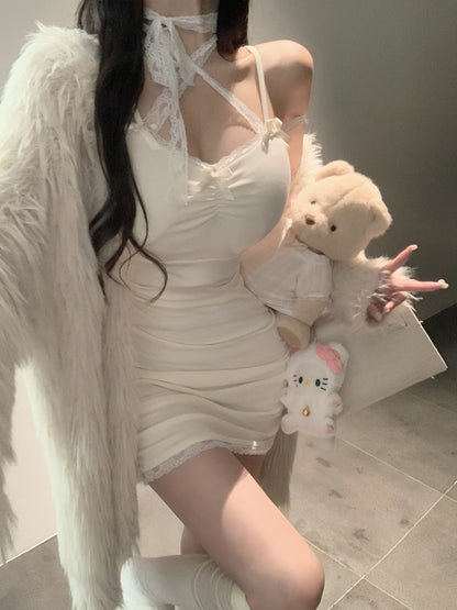 Sexy Bodycon White Strap Dress & Winter Fur Jacket Two Piece Set