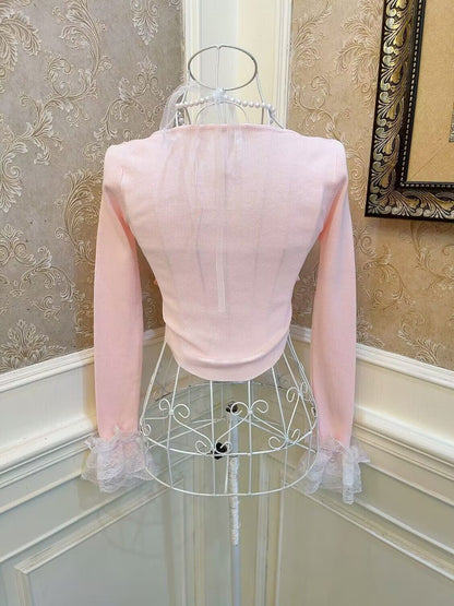 Sweetheart Princess Halter Neck Bow Pink White Black Knit Sweater Top