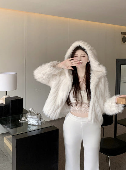 Winter Luxury Chic Faux Fur Hooded White Short Coat