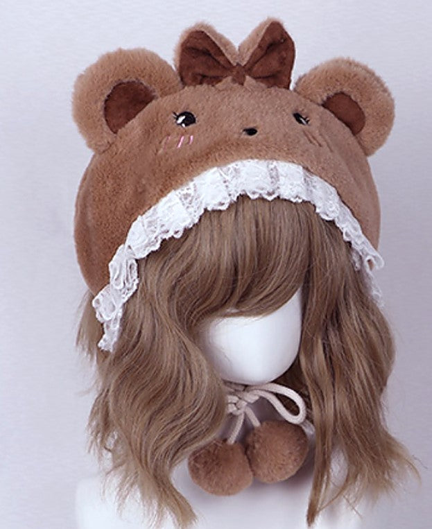 Candy Fairy Winter Cute Lolita Rabbit Cat Bear Ears Plush Lace Handmade Hat