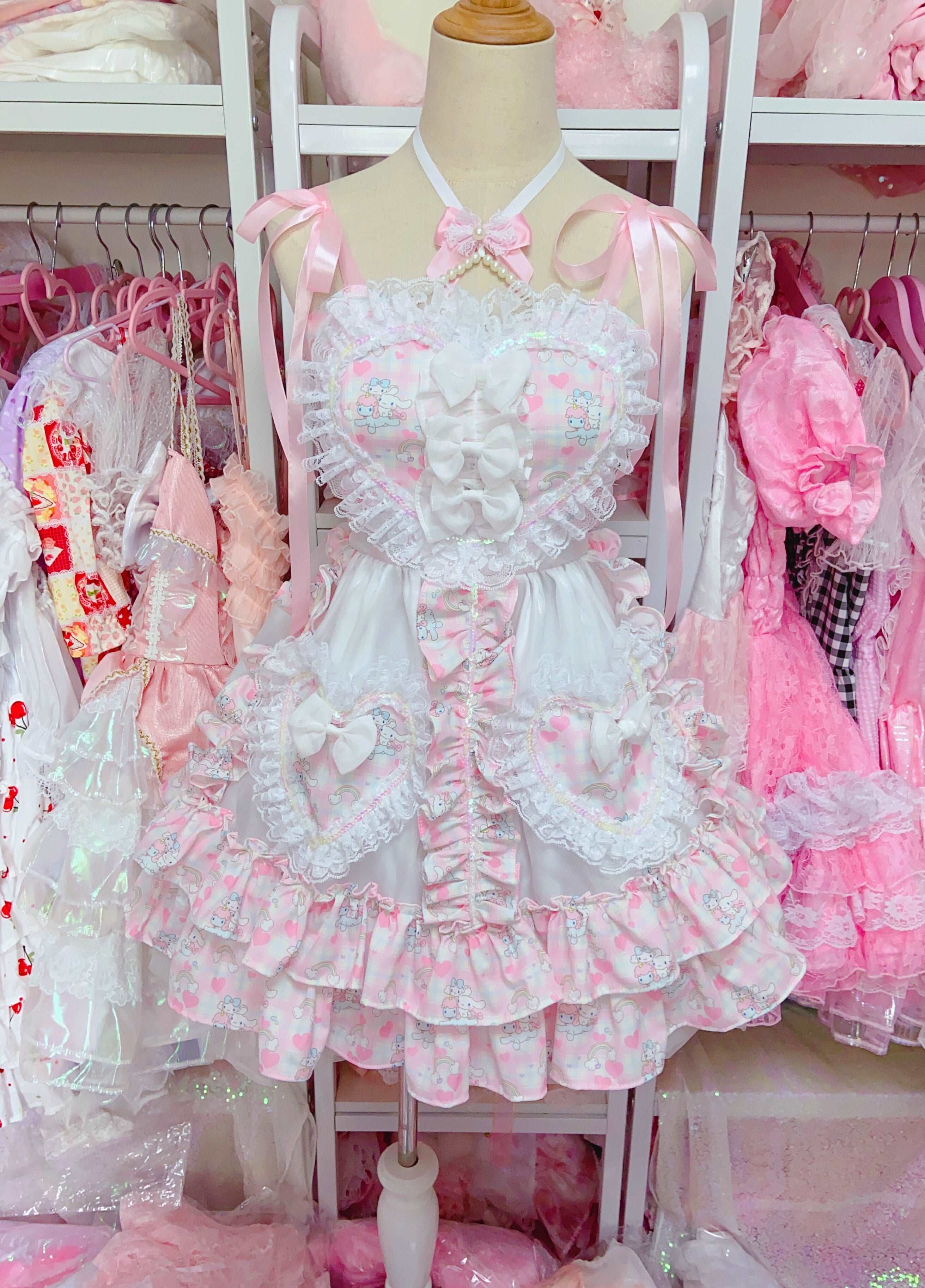 Candy Fairy Cinnamon Dog Pink White Frill Lace Maid Strap Dress