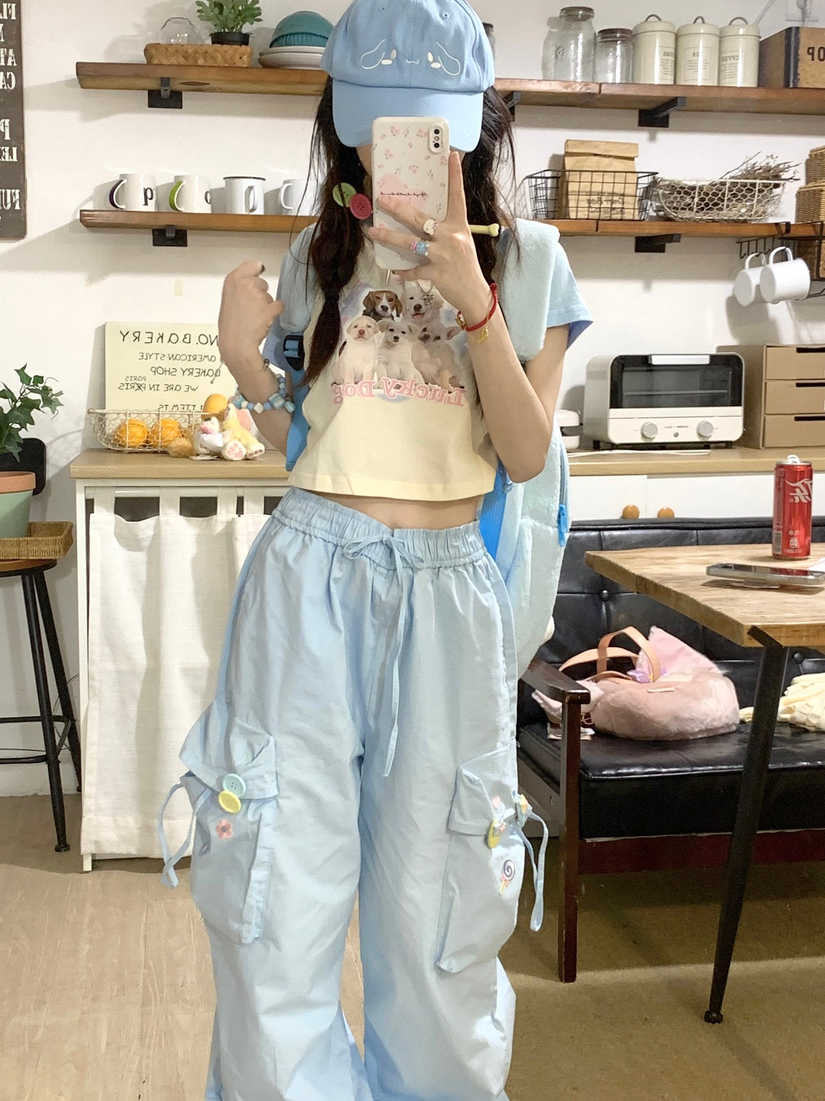 Serendipity Summer Puppy Dog Raglan T Shirt & Blue Gathered Pants Two Piece Set