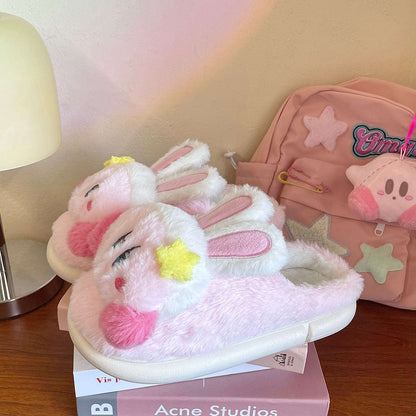 Cartoon Rabbit Ears Stars Pink Plush Fluff Slippers Shoes