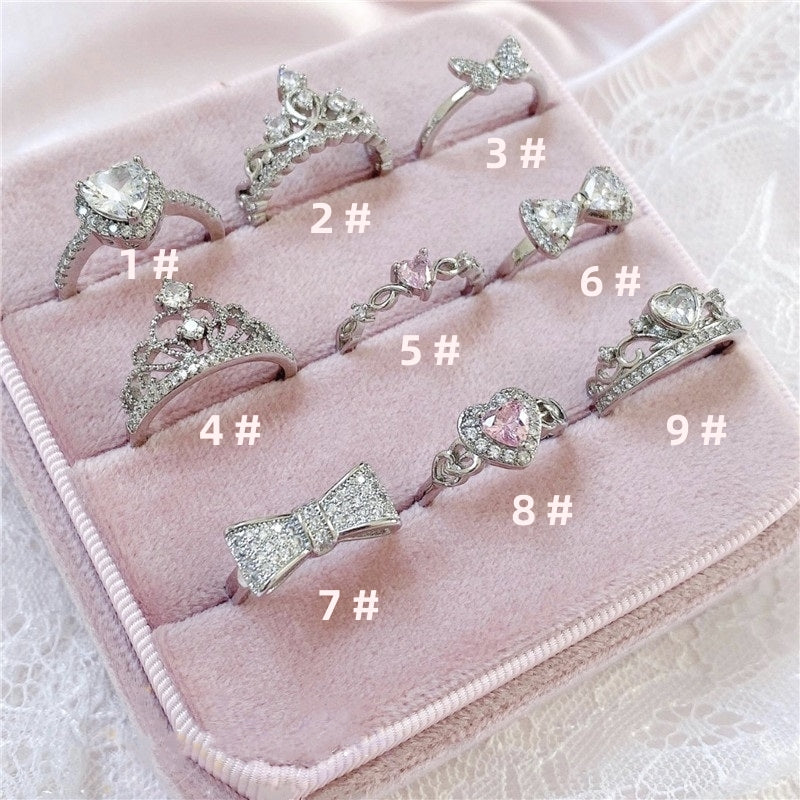 Pink Silver Love Bow Rhinestone Diamond Crown Ring Collection Set Acce –  Sugarplum Store