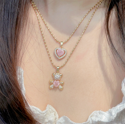 Pink Crystal Diamond Gold Heart Bear Necklace Pendant Set