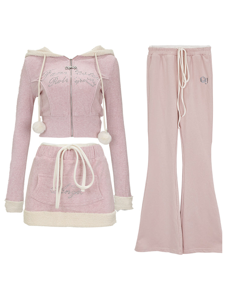 Serendipity Autumn Pink Sheep Ears Hooded Jacket Zip Up Hoodie & Mini Skirt Two Piece Set