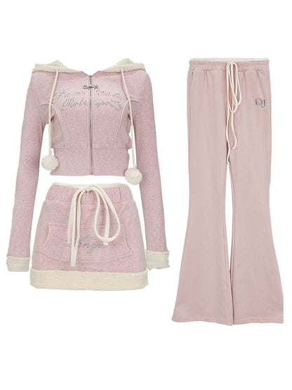 Serendipity Autumn Pink Sheep Ears Hooded Jacket Zip Up Hoodie & Mini Skirt Two Piece Set