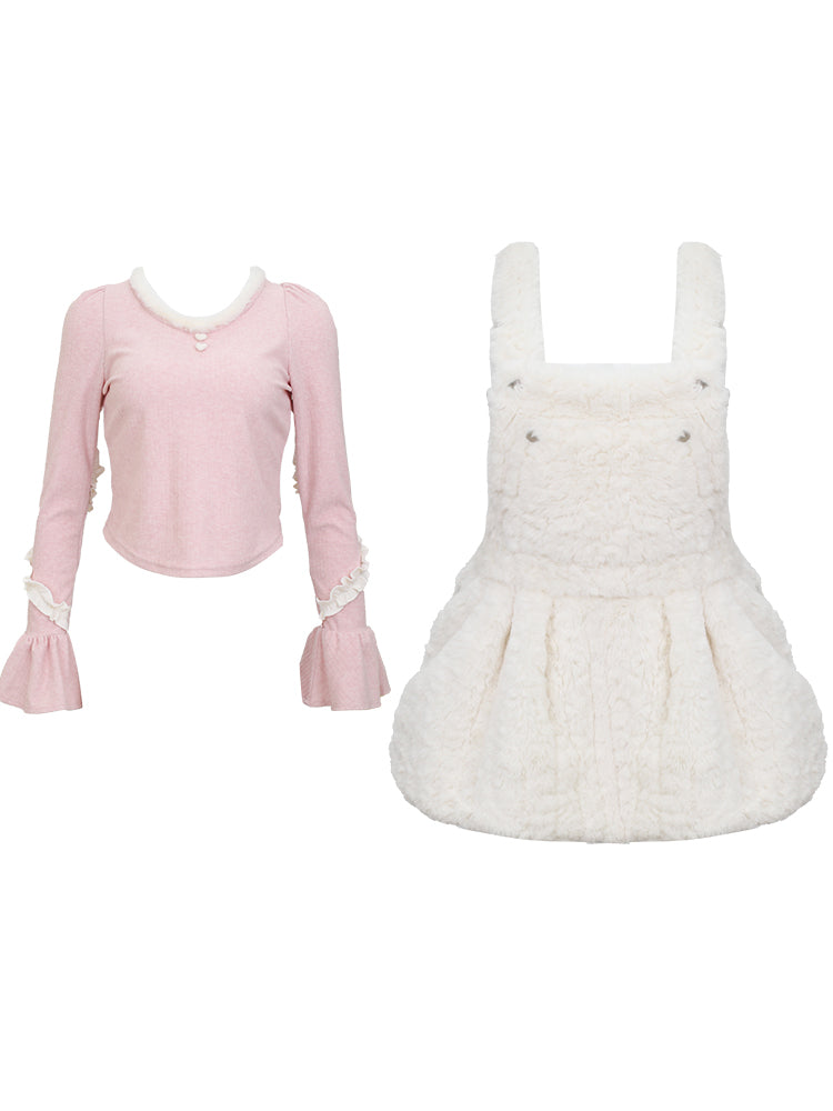 Serendipity Winter Peach Pink Sweater Top & Fur Plush White Suspender Dress Two Piece Set