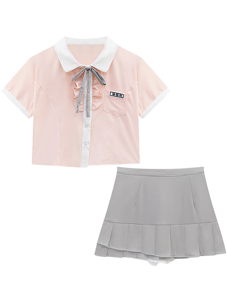 Serendipity Korean Girl Pink Top & Gray Pleated Skirt Two Piece Set