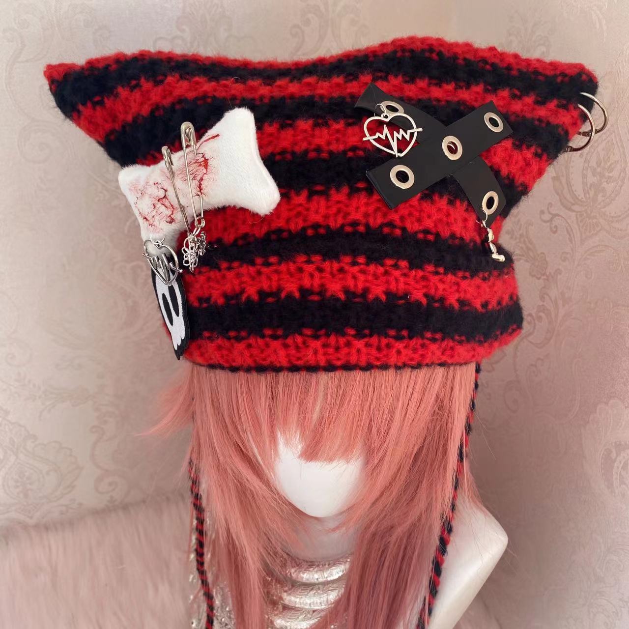 Y2K Handmade Knit Cross Skull Striped Cute Winter Hats Beanie