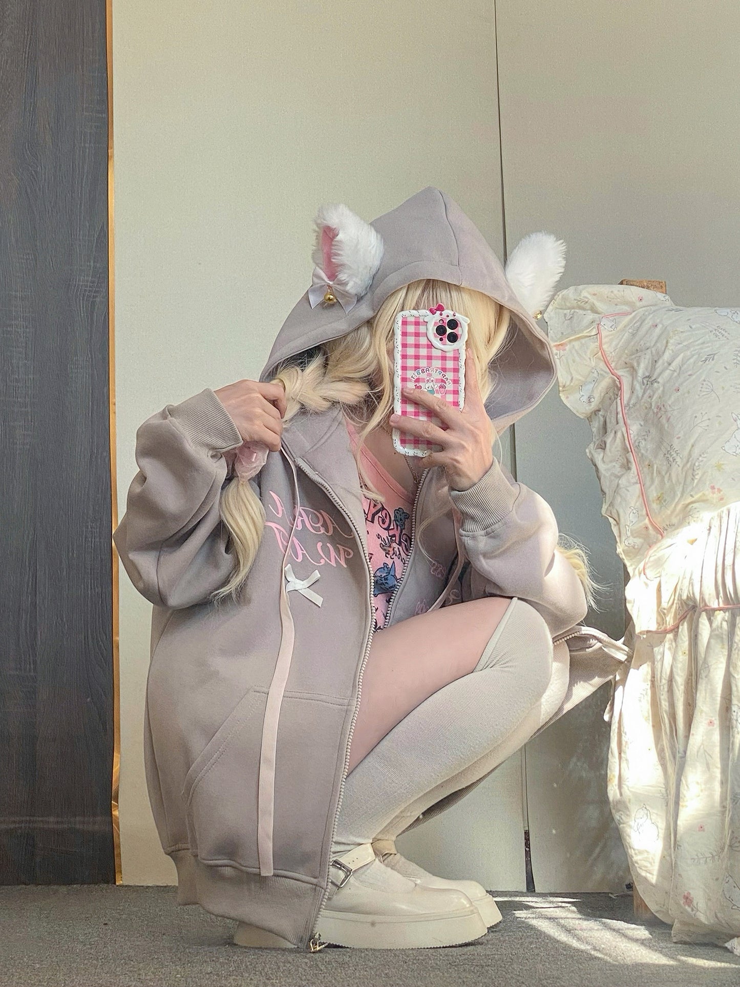 Serendipity Cute Pink Black Gray Coquette Princess Cat Ears Oversize Hoodie Jacket