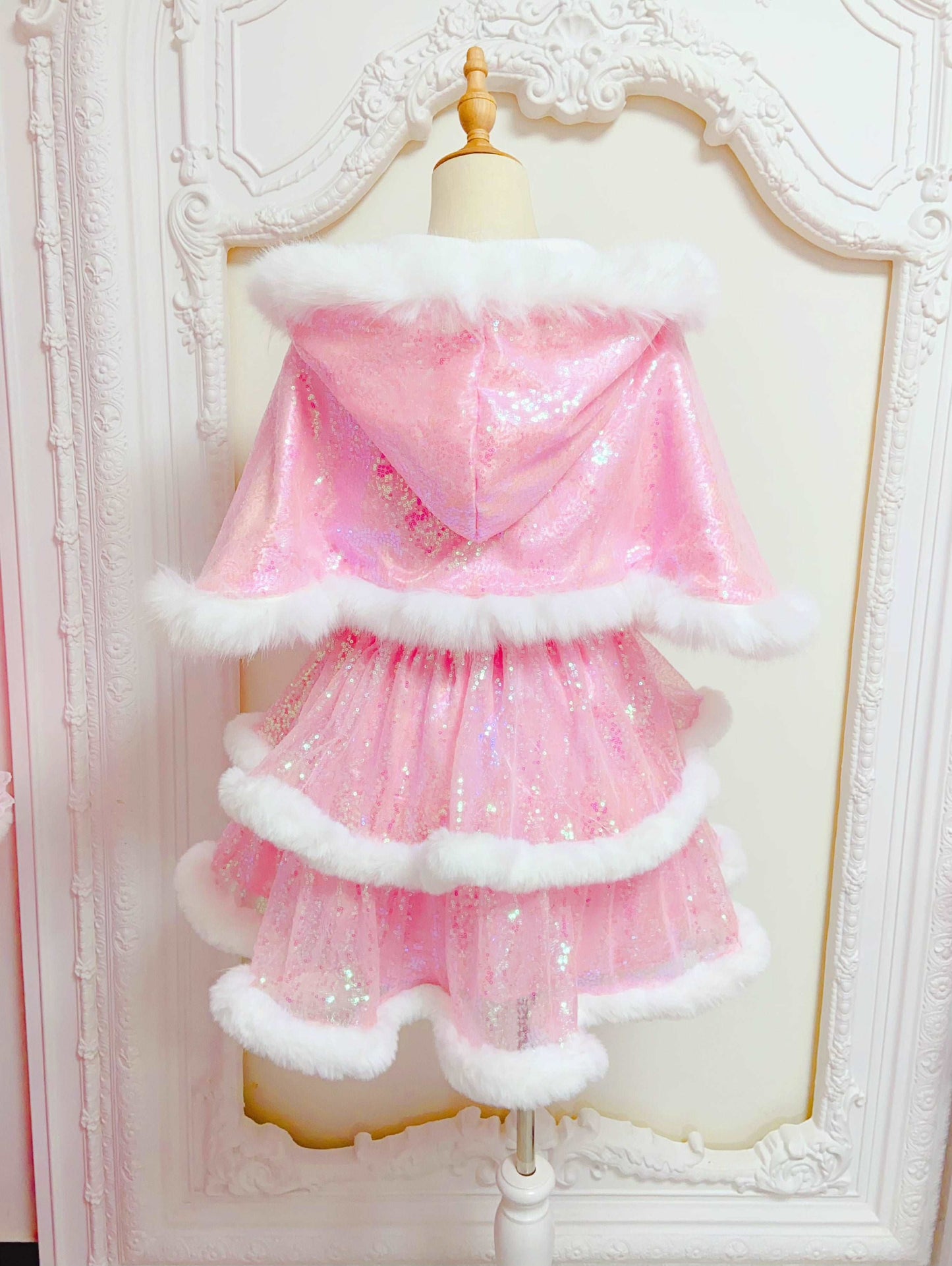 Candy Fairy Winter Princess Pink & White Ruffled Strap Dress & Hooded Cape Cloak Two Piece Set