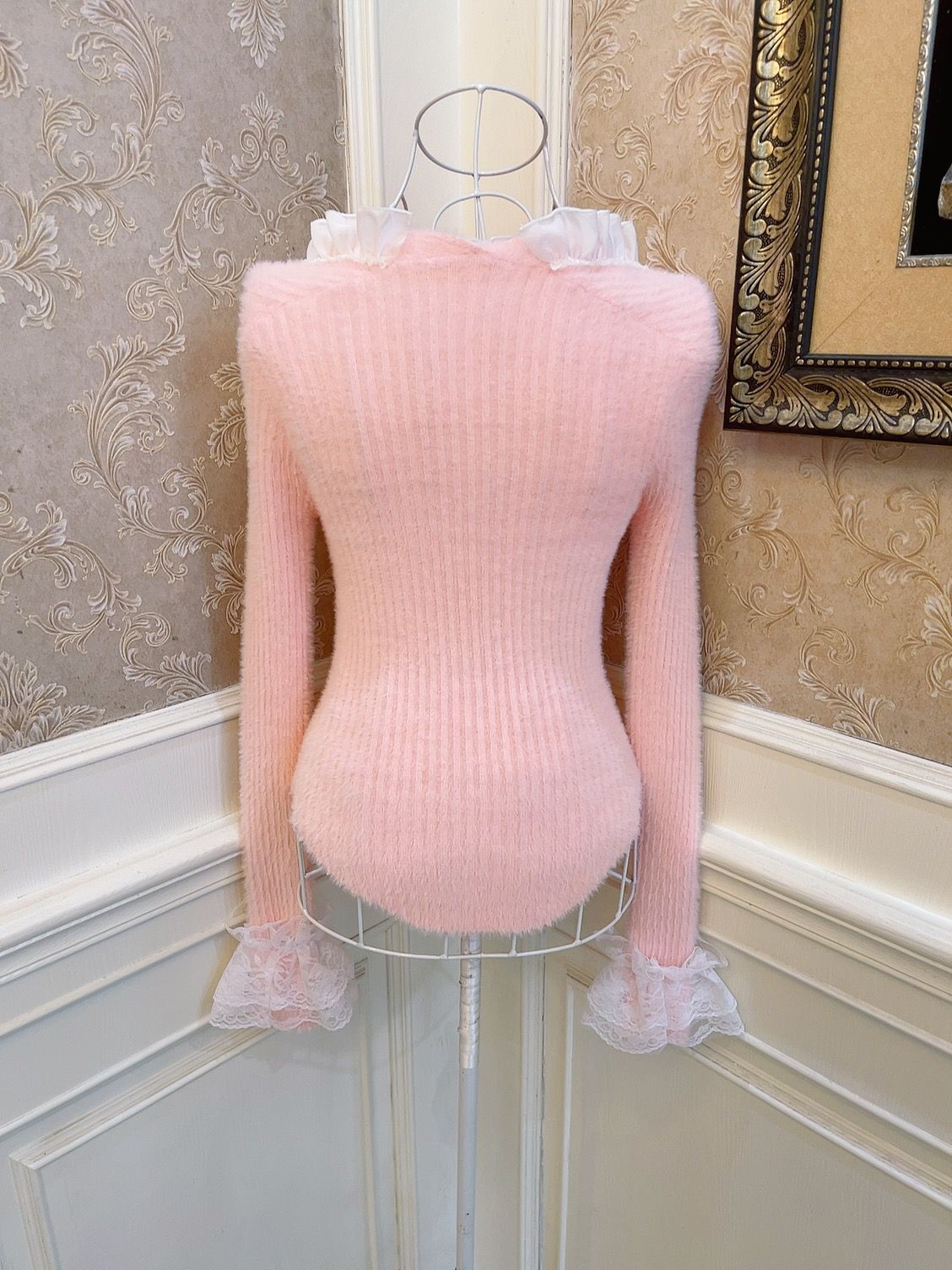 Sweetheart Princess Winter Elegant Lace Rose Bow Fuzzy Knit Pink & Blue Sweater Top