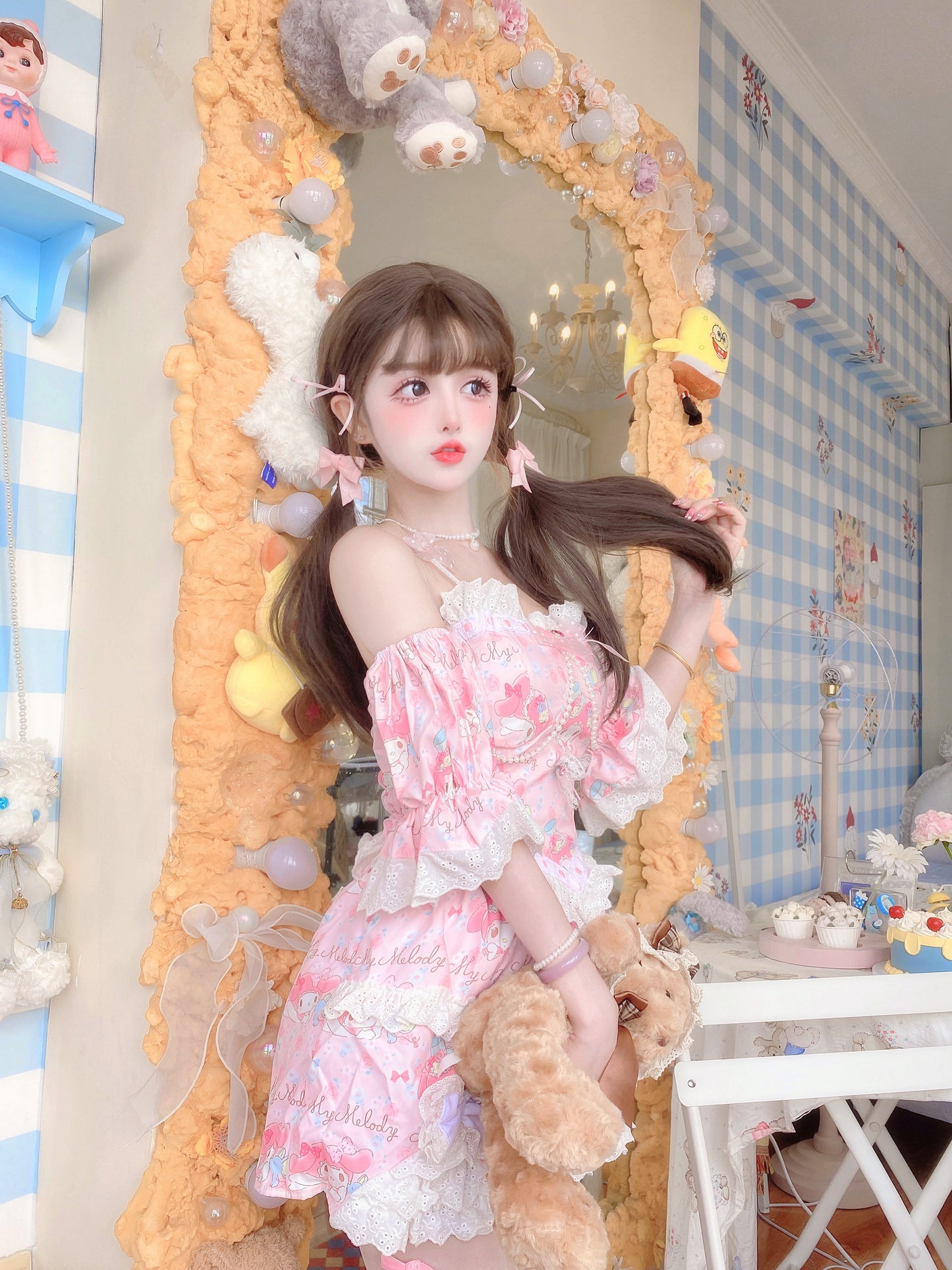 Candy Fairy Pink Melody Cartoon Camisole Puff Sleeve Top & Skirt Pajamas Two Piece Set