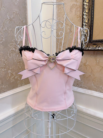 Sweetheart Princess Balletcore Pink Bow Slim Fit Camisole Top