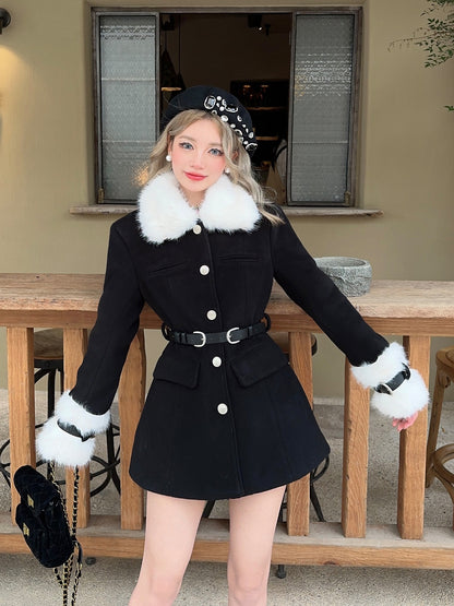 Monet Winter Love Song White Fur Collar Black Short Coat Dress