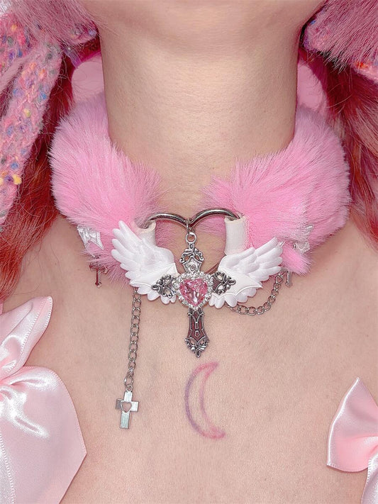 Y2K Millennial Hot Girl Wings Cross Pink Blue Black White Fur Choker