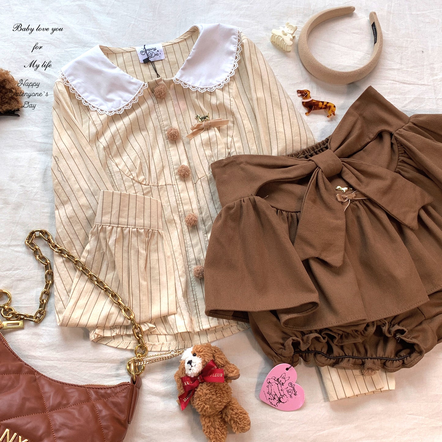 Dormir Doll Dachshund Puppy Bengal Stripe Doll Collar Cream Pink Shirt & Brown Shorts Two Piece Set