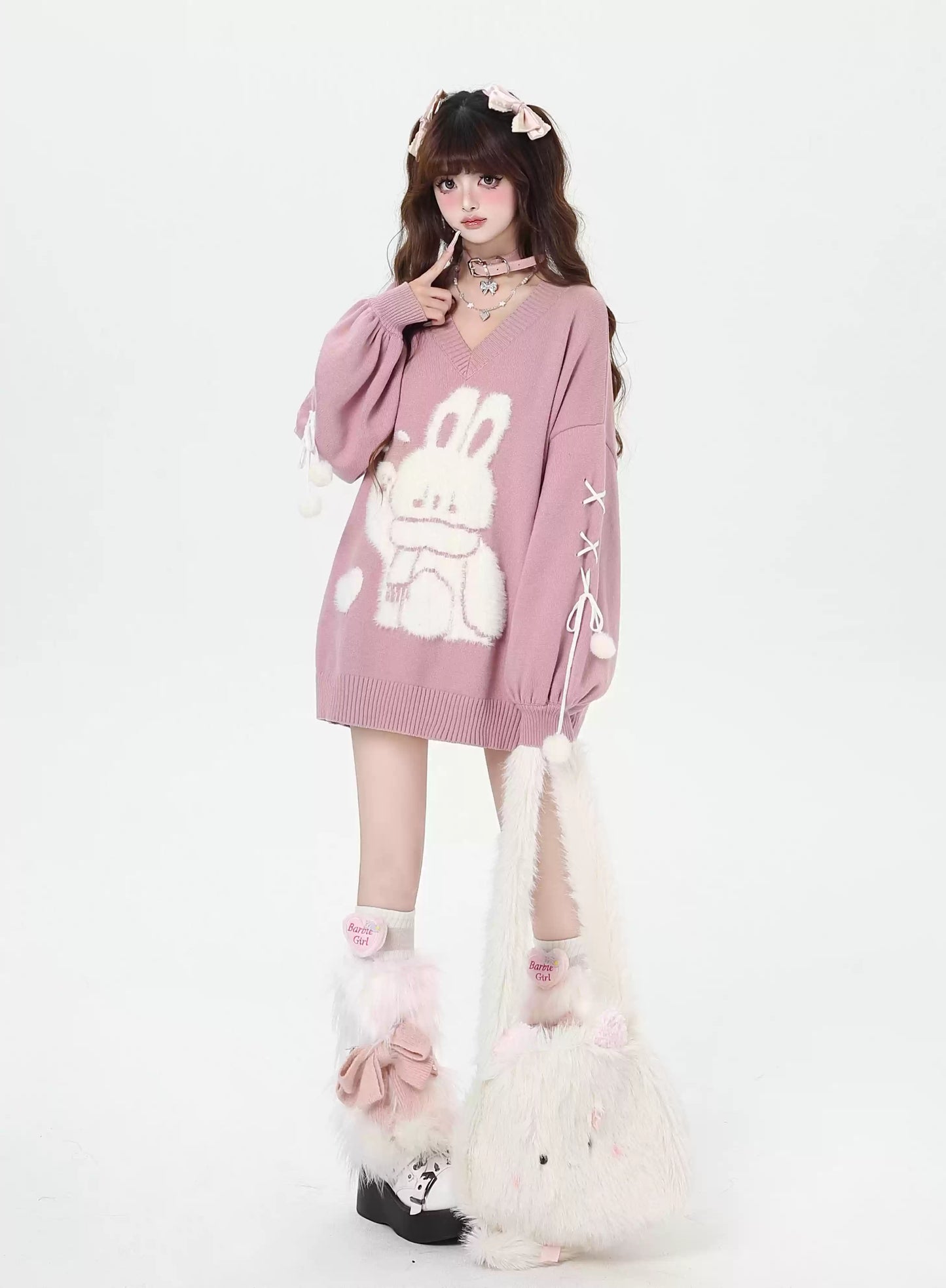 Crazy Girl Wishing Rabbit Pink Black Red Sweater