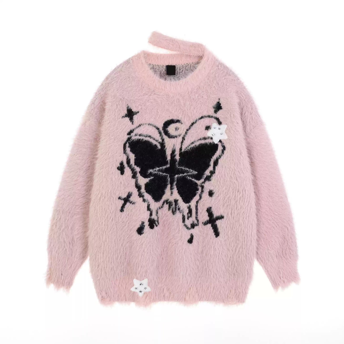 Crazy Girl Moonlight Butterfly Pink Black Fuzzy Sweater