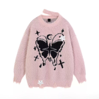 Crazy Girl Moonlight Butterfly Pink Black Fuzzy Sweater