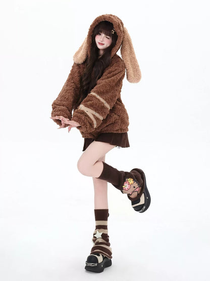 Crazy Girl Patchwork Brown Pink Rabbit Ears Jacket Hoodie