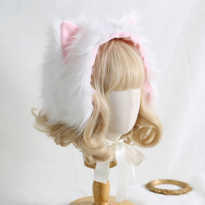 Winter Lolita White & Black Cat Ears Cute Handmade Fur Hats Headband