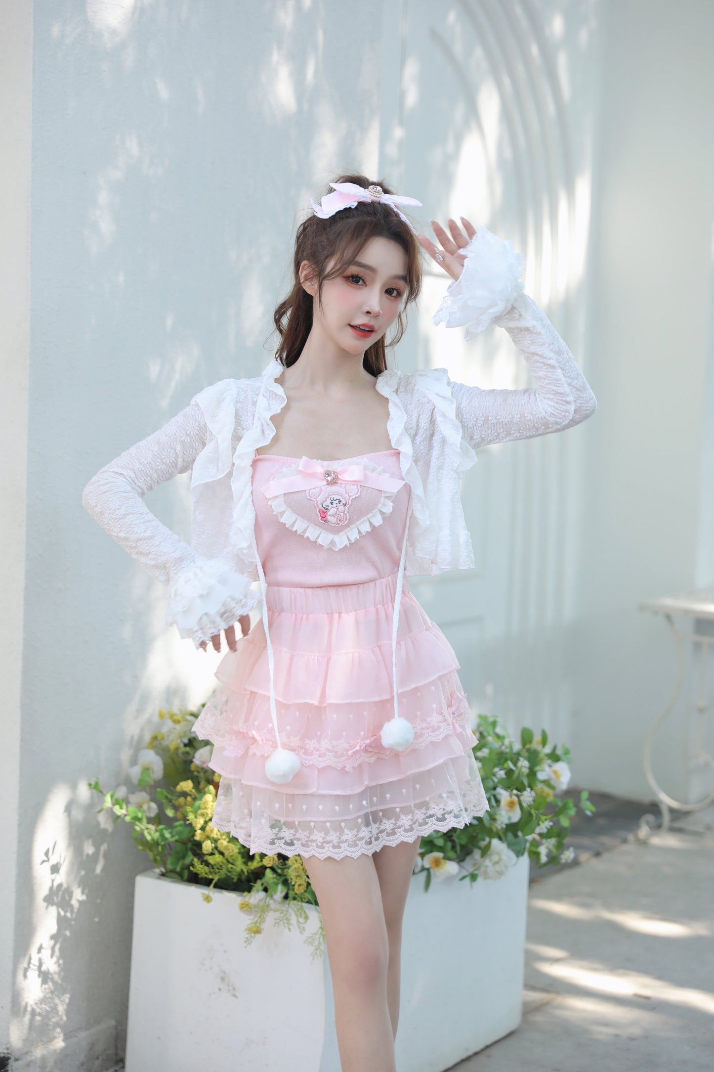 Sweetheart Princess Pastel Pink Cake Layered Lace Elastic Mini Skirt